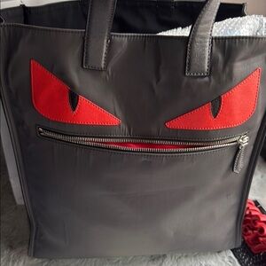 Unisex 2015 Fendi Gray and Red Tote with Peek a Boo Monster Eye Design